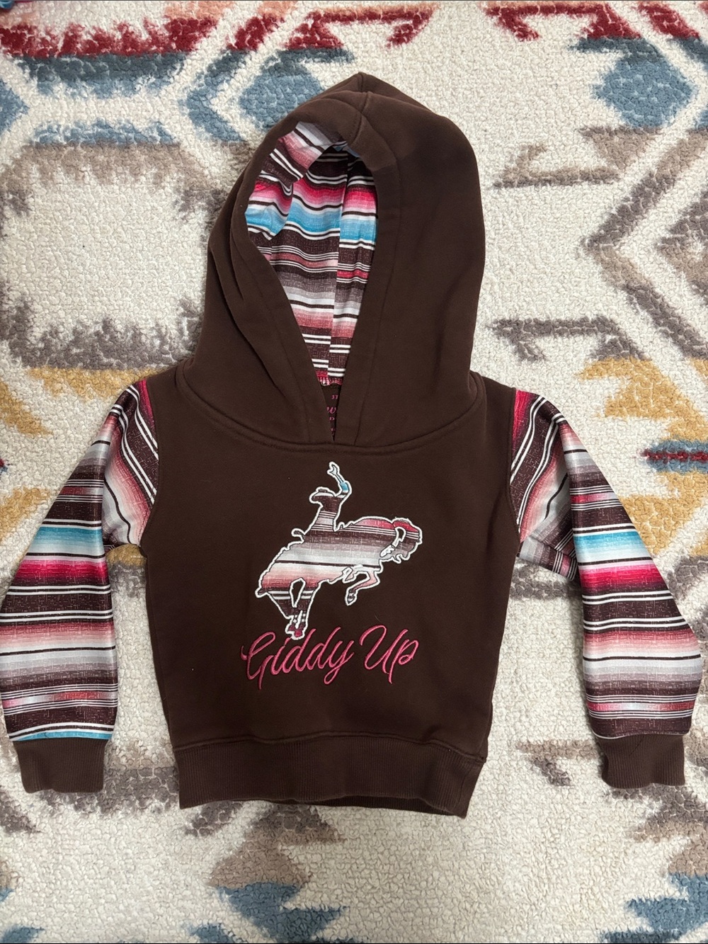 Brown Kids Hooded Sweatshirt with Striped Sleeves and Rodeo Graphic